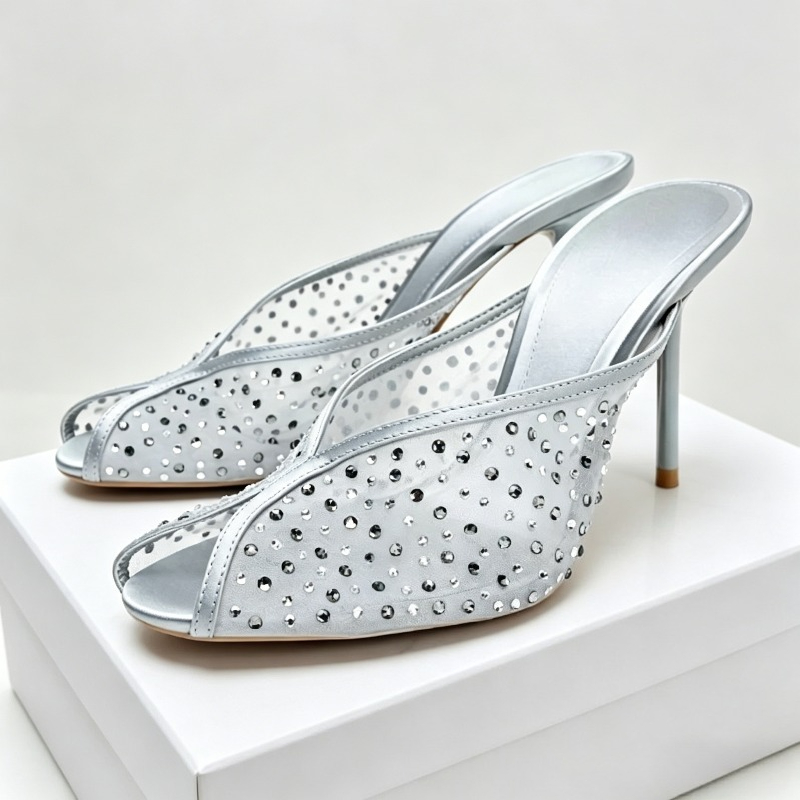 Luxury Lifestyle Products - 高級メッシュラインストーンヒールサンダル女性ピープトウ夏ブランドミュールシューズ通気性スティレットヒール宴会パーティーシューズパンプス