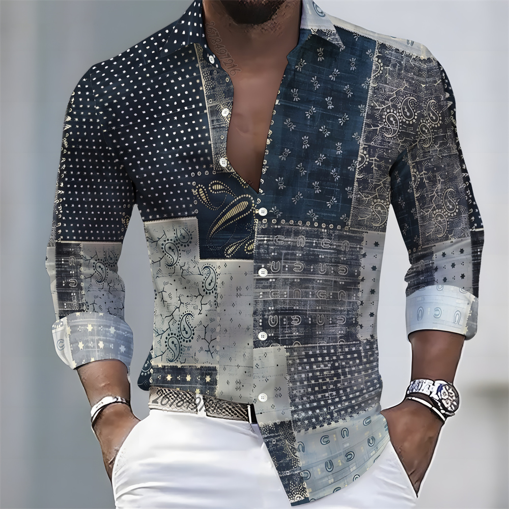 Luxury Lifestyle Men - メンズライトラグジュアリースタイルプリント長袖シャツ、レトロペイズリー柄カジュアルシャツ、プラスサイズゆったりフィット万能メンズウェア