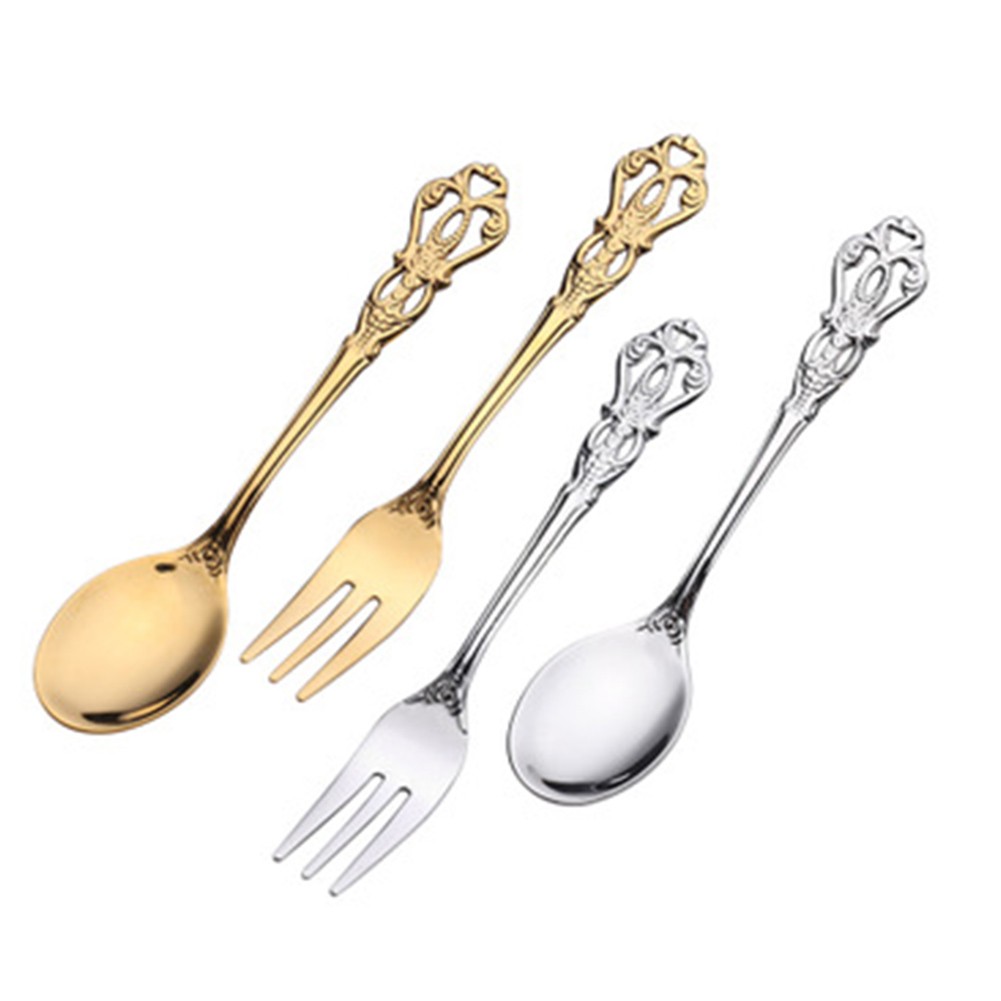 Gold Cutlery Flatware - 1 ペアヴィンテージゴールドスプーンフォークカトラリーセットステンレス鋼高級デザートスプーンレリーフ中空クラフトキッチン食器