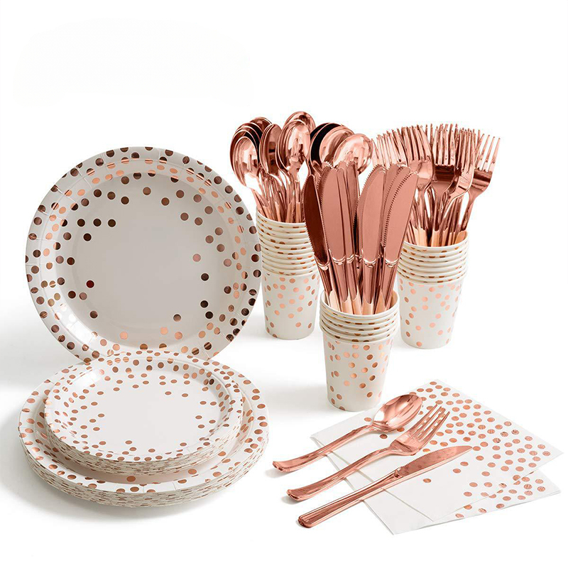 Gold Cutlery Flatware - ローズゴールドパーティー食器キットテーブルクロスナイフフォークスプーン紙コッププレートストローベビーシャワー結婚式誕生日パーティーの装飾