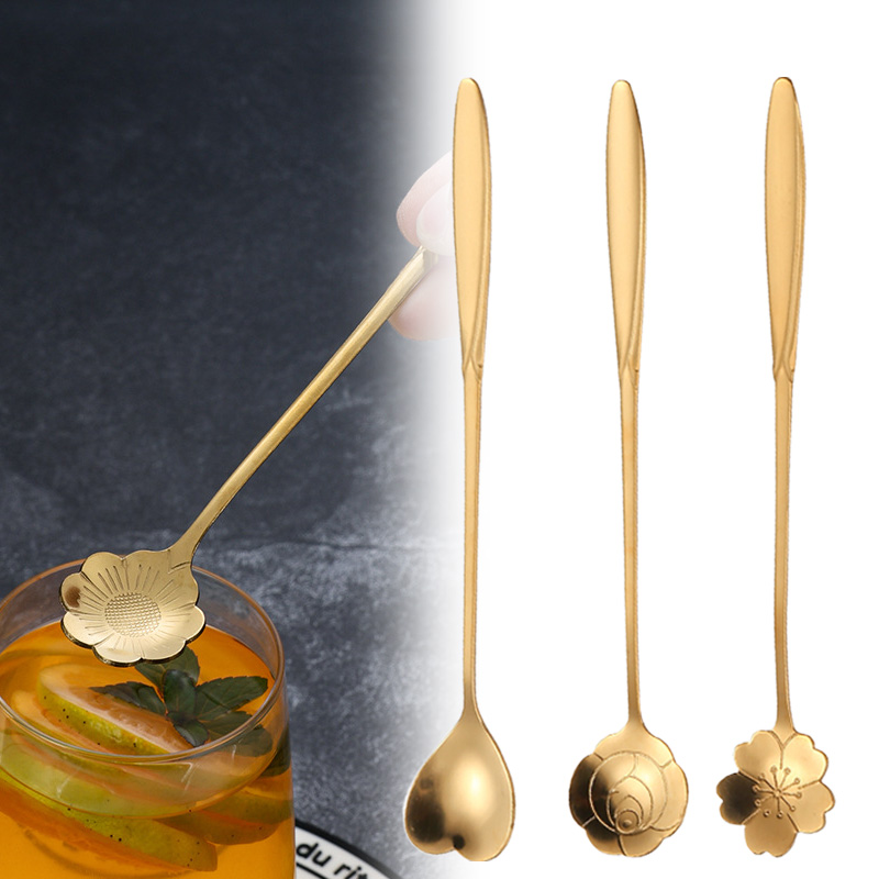Gold Cutlery Flatware - ステンレス鋼チェリーローズフラワーゴールドスクープコーヒースプーンギフトキッチンデザートティーアクセサリー食器装飾