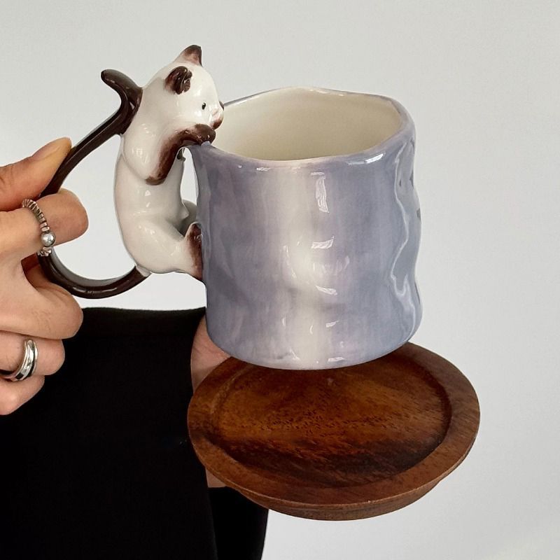 不規則な形の手作り3Dシャム猫柄ハンドル付きグラデーションパ - Handmade Ceramic Mug のレビューと価格