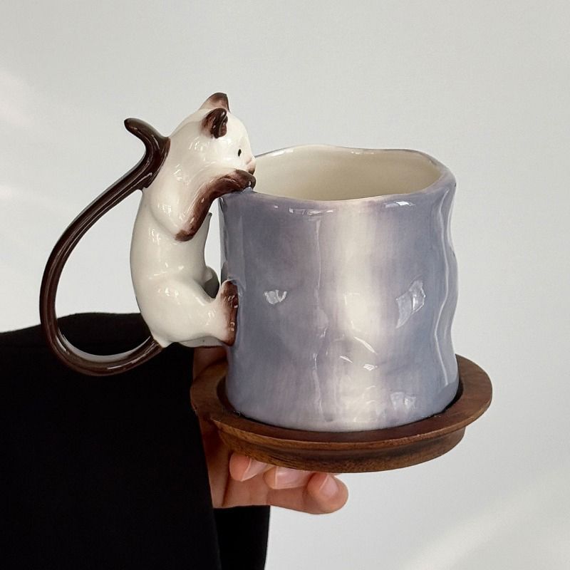 不規則な形の手作り3Dシャム猫柄ハンドル付きグラデーションパ - Handmade Ceramic Mug のレビューと価格