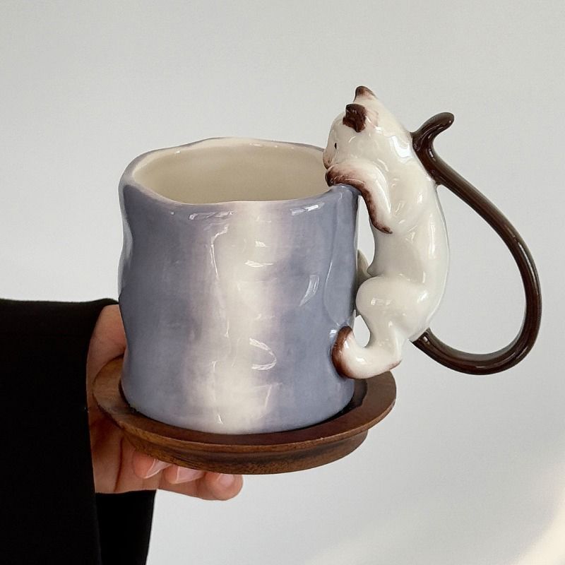 不規則な形の手作り3Dシャム猫柄ハンドル付きグラデーションパ - Handmade Ceramic Mug のレビューと価格