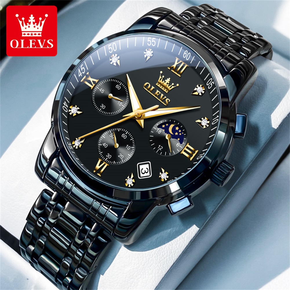 OLEVS 人気のメンズ腕時計ステンレススチールブラックムー - Luxury Lifestyle Men のレビューと価格