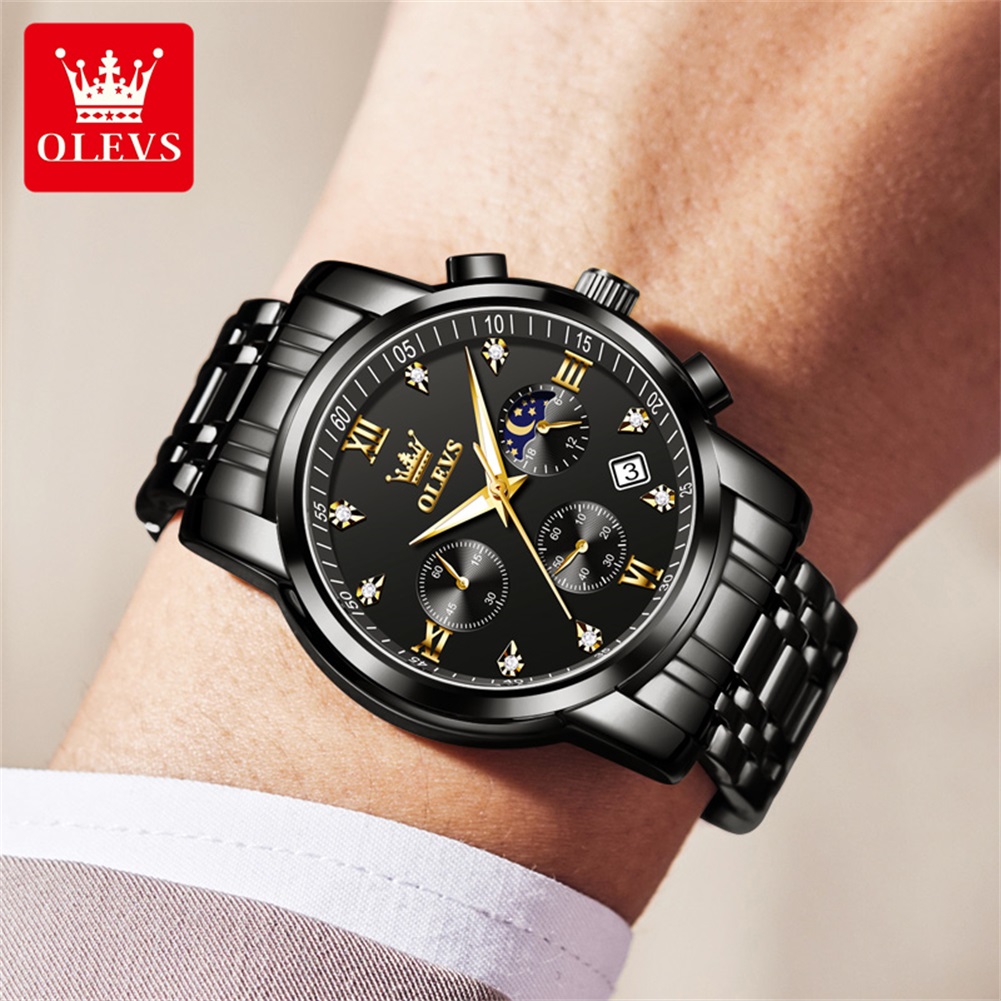 OLEVS 人気のメンズ腕時計ステンレススチールブラックムー - Luxury Lifestyle Men のレビューと価格