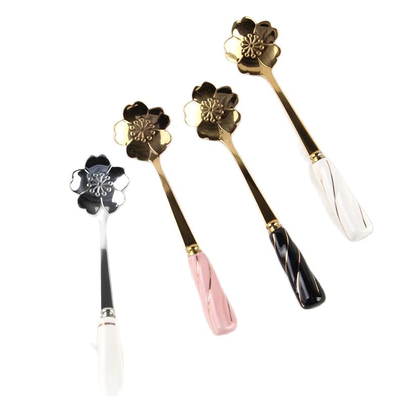 ステンレス鋼コーヒー攪拌スプーンセラミックハンドル、フラワー - Gold Cutlery Flatware のレビューと価格