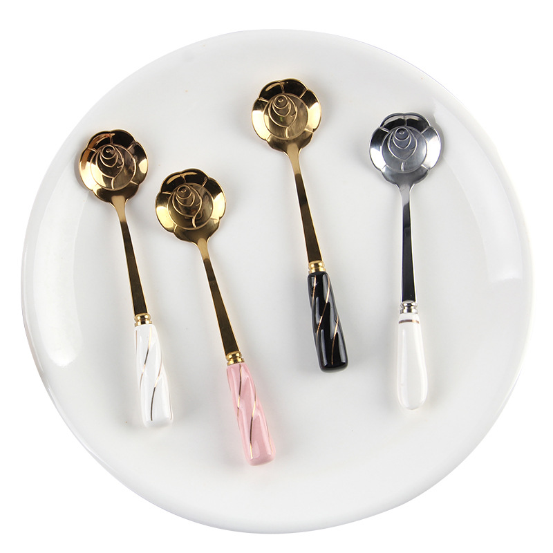 ステンレス鋼コーヒー攪拌スプーンセラミックハンドル、フラワー - Gold Cutlery Flatware のレビューと価格