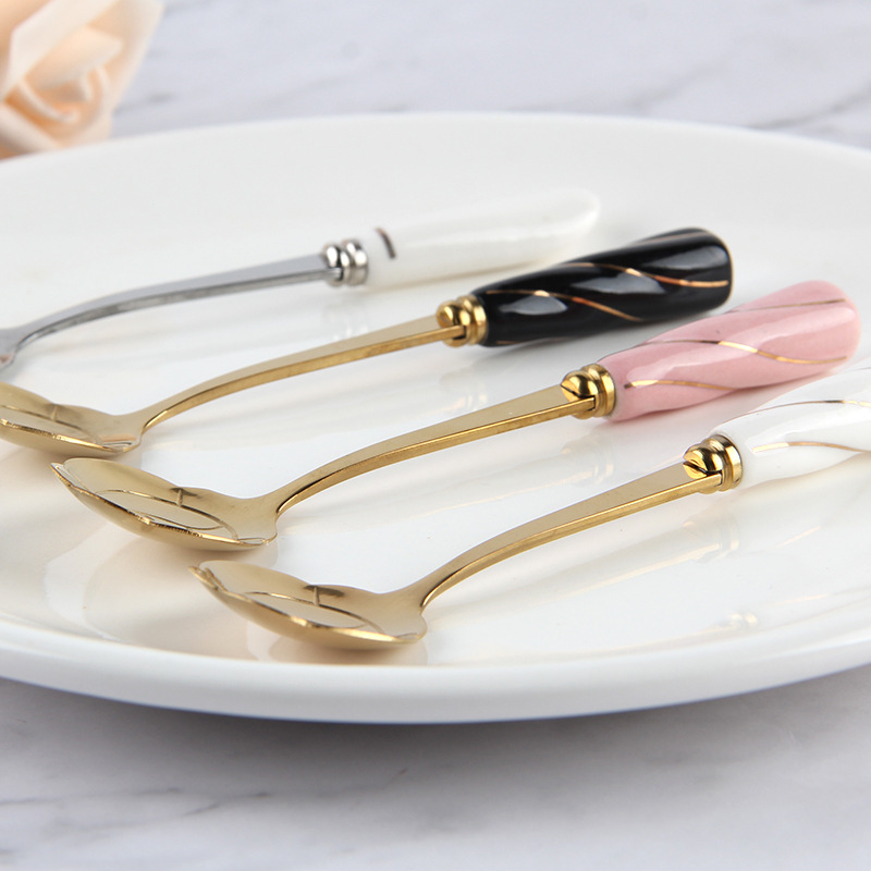 ステンレス鋼コーヒー攪拌スプーンセラミックハンドル、フラワー - Gold Cutlery Flatware のレビューと価格