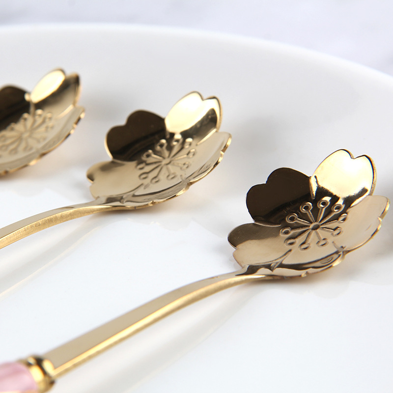 ステンレス鋼コーヒー攪拌スプーンセラミックハンドル、フラワー - Gold Cutlery Flatware のレビューと価格