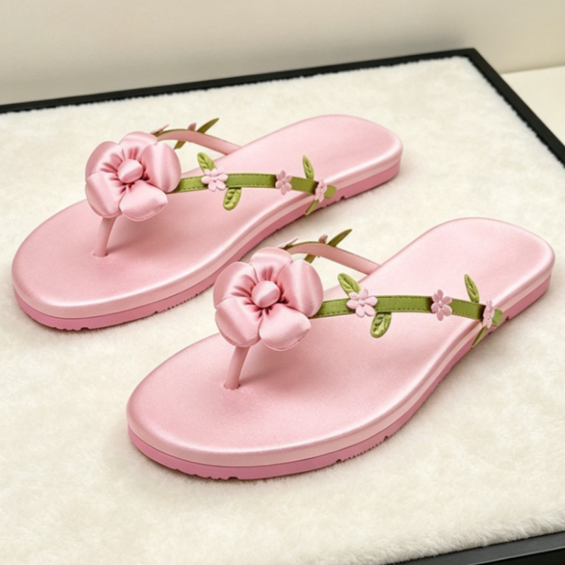 高級ブランドのビーチサンダル女性ピンクの花装飾サテンスプリッ - Luxury Lifestyle Products のレビューと価格