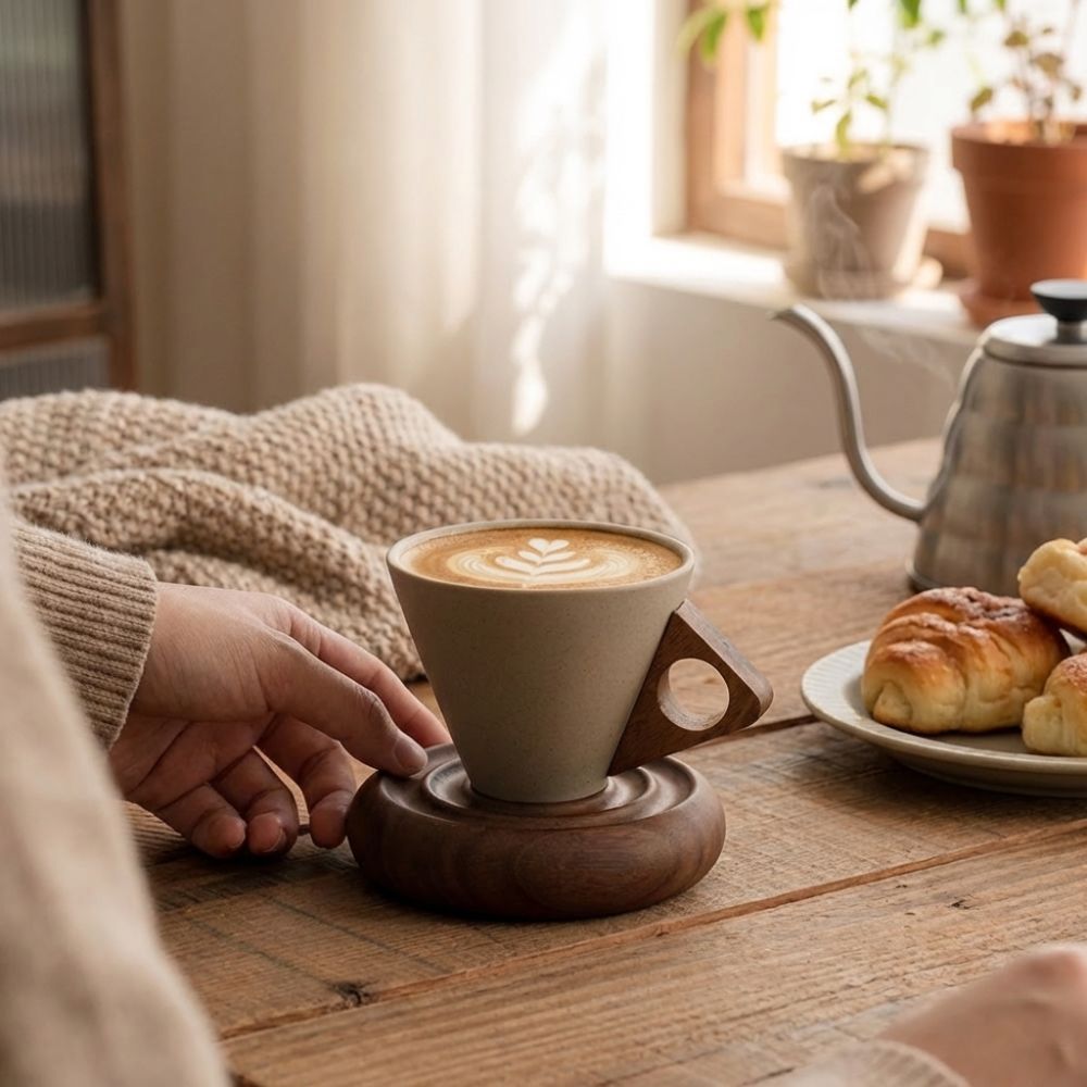 粗陶三角コーンカップ レトロスタイル木製ベース ヴィンテージ - Handmade Ceramic Mug のレビューと価格
